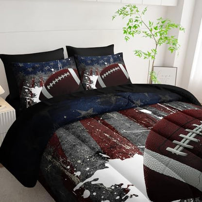 7Pcs Comforter Set American Football Printed Bedding Set with 1 Comforter, 1 Flat Sheet, 1 Fitted Sheet and 4 Pillowcases for Boys and Girls Bedroom All Season(Football King