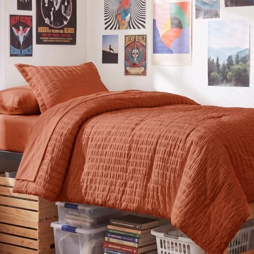 CozyLux Twin XL Comforter Set 5 Pieces Burnt Orange Seersucker Bed in a Bag