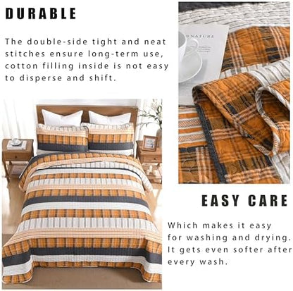 Homzard 100% Cotton King Size Quilt Set Striped Plaid Orange Black Bedspread Set Summer Lightweight Farmhouse Washable Bedding Comforter Set 3 Pieces