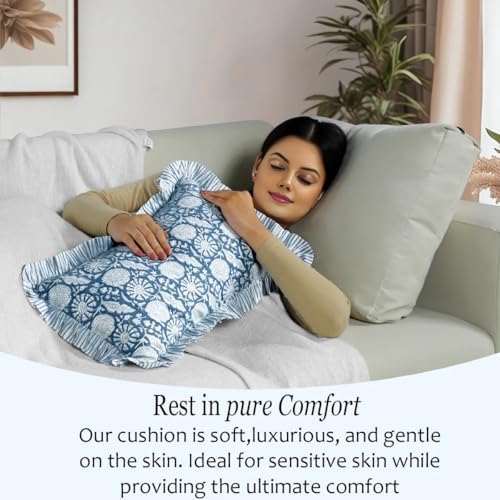 CPC Block Print Blue Meadow Ruffle Cotton Lumbar Pillow Cover 12x20 inch
