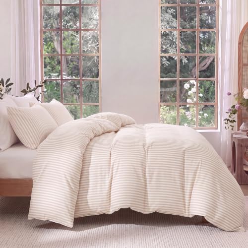 Bedbay 100% Cotton Striped Duvet Cover Set Queen Size, Beige Stripe Bedding, 300TC Cotton Sateen Duvet Cover, Soft Smooth Breathable Farmhouse Sateen Set, 3 Pieces