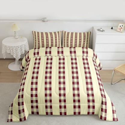 jejeloiu Red Brown Plaid Comforter Set All Season Stripes Bedding Set with 1 Pillow Cases Check Checkered Microfiber Kids Twin Bedclothes Grid Geometric Bedroom Decor Duvet Quilt Breathable Soft