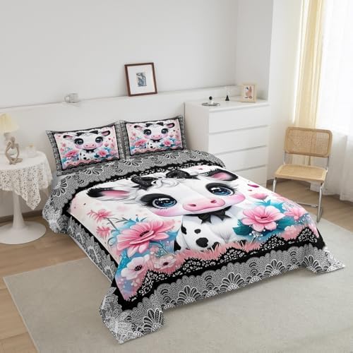 Feelyou Kids Cute Highland Cow Comforter Set Full Size Cartoon Highland Cattle Bowknot Bedding Set Boys Girls Flowers Floral Pattern Quilt Set Black Lace Pattern Bed Set