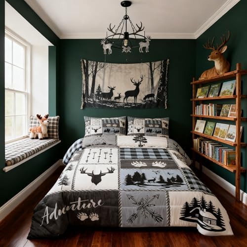 Deer Bear Kids Comforter Set Full Size,Hunting Adventure Rustic Farmhouse Bedding Set for Boys Girls Adults Room Decor,Geometric Plaid Patchwork Down Comforter,Blue Xmas Duvet Insert,2 Pillowcases