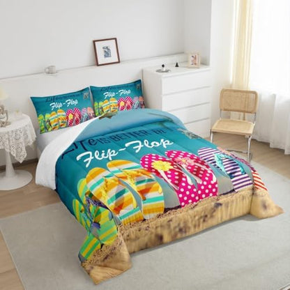 Ocean Beach Comforter Set Queen Size Colorful Flip Flops Bedding Set 3pcs Retro Summer Holiday Themed Quilted Duvet for Kids Teens Room Decor Women Men Romantic Hawaii Duvet Insert,2 Pillowcases