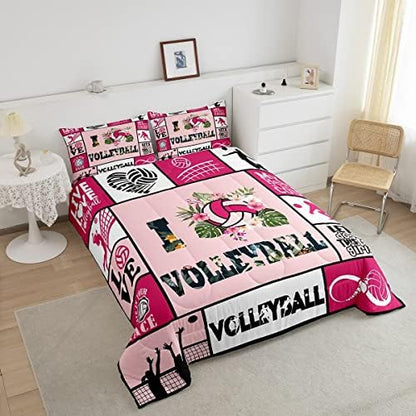 Manfei Volleyball Comforter Set King Size, Sports Theme Quilt Set with 2 Pillowcases, Geometric Checks Pink Grid Bedding Set 3pcs for Kids Boys Girls Room Decor, Ball Gaming Duvet Insert