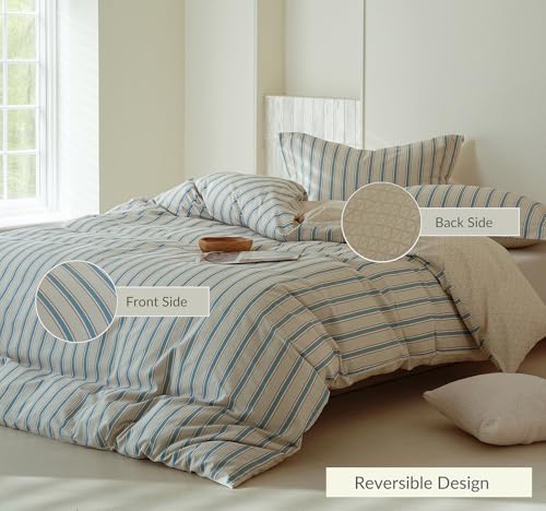 Comforter Queen Size - 100% Cotton Beige and Blue Striped Reversible Comforter Set, Hypoallergenic and Breathable Bedding Set for All Season, 3 Pieces, 90"x90"