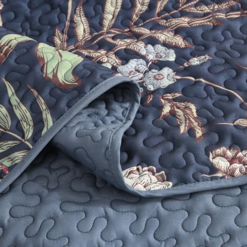 Litanika Floral Ocean Blue Quilt - 3Pcs Botanical Birds Pattren Bed
