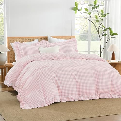 Andency Pink Gingham Duvet Cover King, Ruffle Shabby Chic Bedding Set 3 Pcs