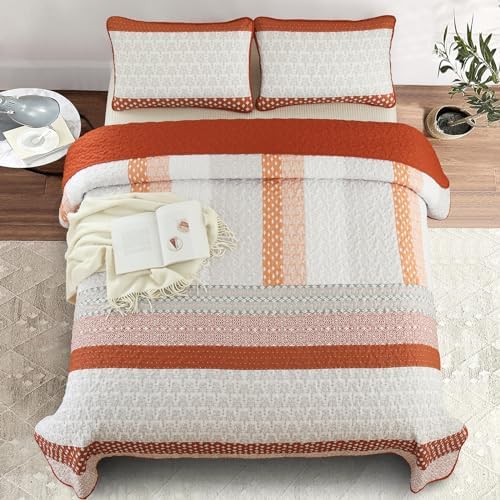 WONGS BEDDING Boho Quilt Set King Size, Stripe Bedspread Sets, Burnt Orange