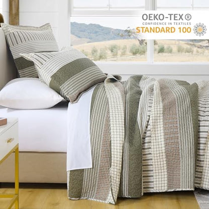 Finlonte 100% Cotton Queen Size Quilt Set, Patchwork Striped Queen Quilt Bedding Set Farmhouse Bedspread, Lightweight Quilted Comforter Reversible Bed Spread for All Season, Green/Brown/Cream, 3 Pcs