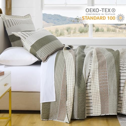 Finlonte 100% Cotton King Size Quilt Set, Patchwork Striped King Quilt Bedding Set Farmhouse Bedspread, Lightweight Quilted Comforter Reversible Bed Spread for All Season, Green/Brown/Cream, 3 Pieces