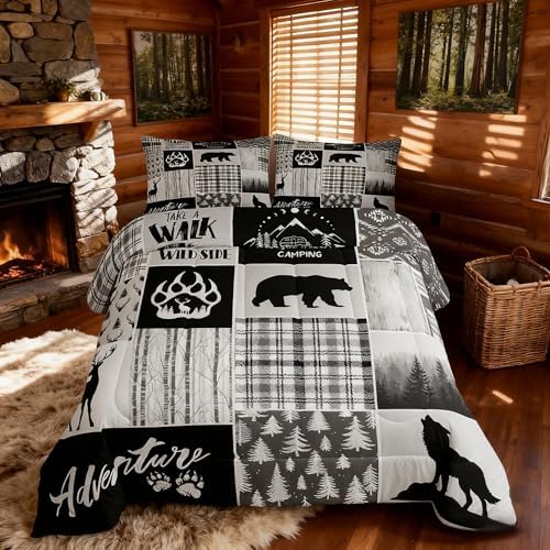 Manfei Deer Bear Comforter Set Twin Size,Pine Trees Christmas Bedding Set for Kids Boys Girls Adults Room Decor,Camping Adventure Rustic Farmhouse Down Comforter,Black Retro Duvet Insert,1 Pillowcase