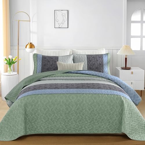 Cottolester Boho Full Quilt Set,Grey Green Striped Plaid Bedspread Coverlet