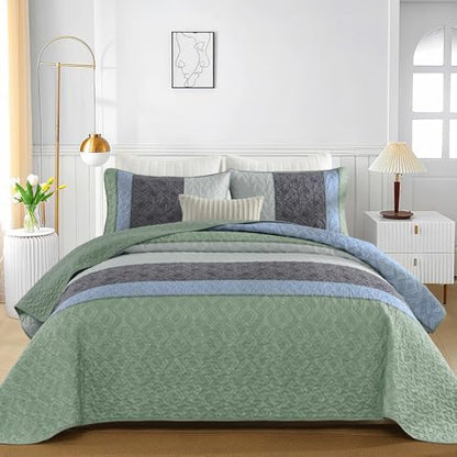 Cottolester Boho Full Quilt Set,Grey Green Striped Plaid Bedspread Coverlet