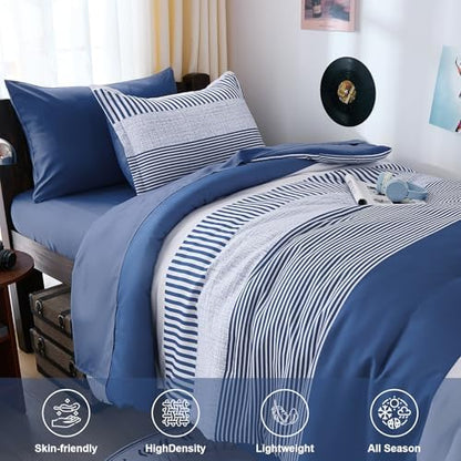 Cottolester Twin Size Comforter Navy Blue Striped Comforters for Boys&Girls,5 Pieces Bed in A Bag Simple Neutral-Style Bedding Sets for Kids Teen
