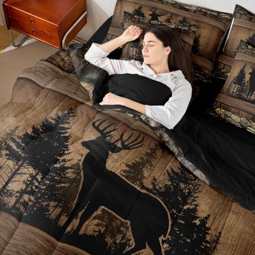 Erosebridal 7 Piece Rustic Deer Queen Comforter Set with Sheets Farmhouse Cabin Bedding Sets | for Kids Boys Teen Men Hunting Wildlife Deer Theme Bed in A Bag Country Lodge Western Bed Set Brown