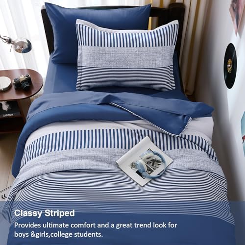 Cottolester Twin Size Comforter Navy Blue Striped Comforters for Boys&Girls,5 Pieces Bed in A Bag Simple Neutral-Style Bedding Sets for Kids Teen