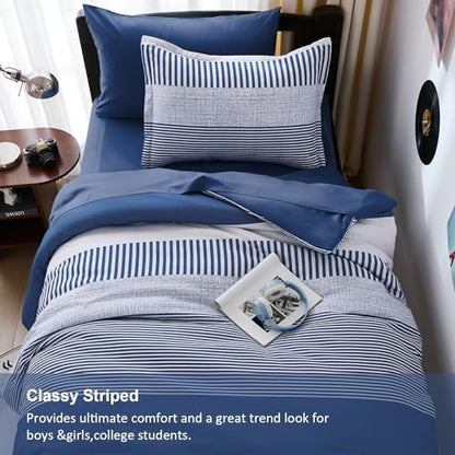 Cottolester Twin Size Comforter Navy Blue Striped Comforters for Boys&Girls,5 Pieces Bed in A Bag Simple Neutral-Style Bedding Sets for Kids Teen
