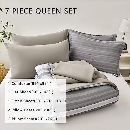 KAKIJUMN Striped Comforter Set Queen Size, 7 Piece Bed in a Bag, Light Grey