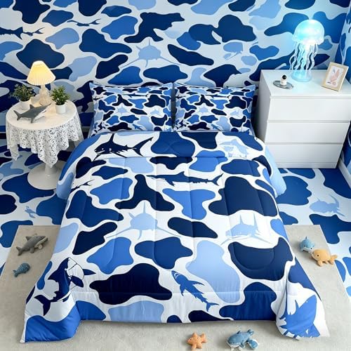 Feelyou Blue Camo Comforter Set Queen Size Shark Fish Bedding Set for Kids Boys Girls Camouflage Duvet Quilt Military Style Bedroom Decor Microfiber 3 Pcs with 2 Pillow Cases