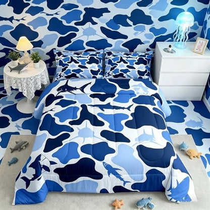 Feelyou Blue Camo Comforter Set Queen Size Shark Fish Bedding Set for Kids Boys Girls Camouflage Duvet Quilt Military Style Bedroom Decor Microfiber 3 Pcs with 2 Pillow Cases