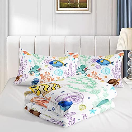 Turtle Comforter Set Full Ocean Watercolor Sea Turtle Bedding Set Tropical Fish Marine Life Bed Set with 2 Pillowcases for Kids Room Decor