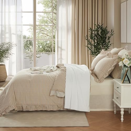 Cupocupa Gingham Ruffle Comforter Set Twin - 2 Piece Tan Checkered Bedding Set - Aesthetic Cottagecore Ruffled Farmhouse Comforter with 1 Pillow Shams - Soft, Lightweight All Season Bedding
