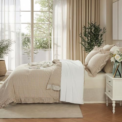 Cupocupa Gingham Ruffle Comforter Set Twin - 2 Piece Tan Checkered Bedding Set - Aesthetic Cottagecore Ruffled Farmhouse Comforter with 1 Pillow Shams - Soft, Lightweight All Season Bedding