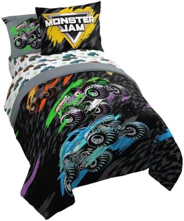 Monster Jam Trucks Twin Comforter Set 5 Piece Kids Bedding for Boys, Black