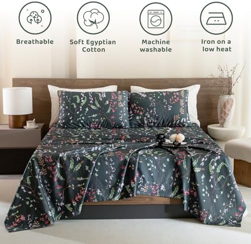 QSH Floral Egyptian Cotton Sheets King Size - Navy Floral Bedding Sheets Botanical Pattern Printed Bedding King Size Bed Sheets 17.5" Extra Deep Pocket 4pcs