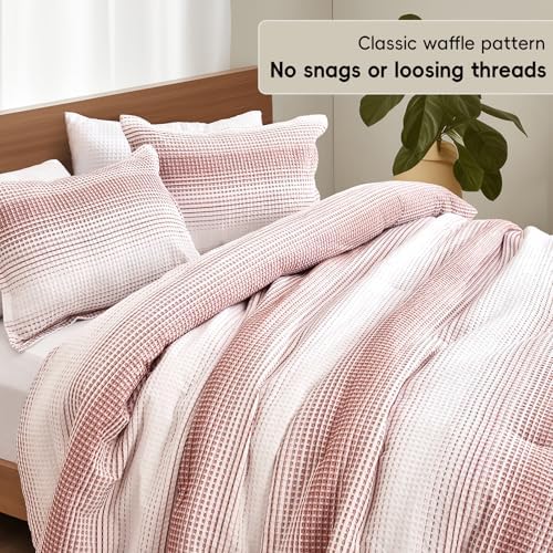 PHF Yarn Dyed Waffle Comforter Set 3 Pieces Queen, White and Brick