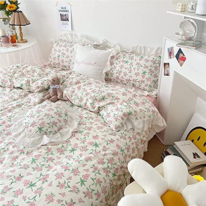 VM VOUGEMARKET Girls Ruffle Bedding Set Twin XL 3 Pieces Pink Flower Duvet Cover Set with Lace Edge-100% Cotton Elegant Princess Style Comforter Cover-68x90 Inch