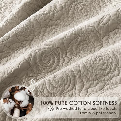 WDCOZY Beige 100% Cotton Quilt King Size Bedding Sets with 2 Pillow Shams, Floral Rosette Lightweight Bedspread Soft Farmhouse Patterned Coverlet Quilted Comforter Bed Cover for All Season, 3 Pieces