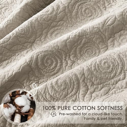 WDCOZY Beige 100% Cotton Quilt Twin Size Bedding Sets with 1 Pillow Shams, Floral Rosette Lightweight Bedspread Soft Farmhouse Patterned Coverlet Quilted Comforter Bed Cover for All Season, 2 Pieces