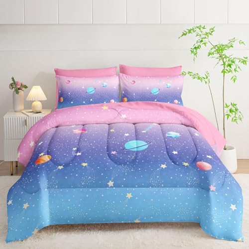 7Pcs Comforter Set Space Planet Multi Color Gradient Printed Bedding Set with 1 Comforter,1 Flat Sheet,1 Fitted Sheet and 4 Pillowcases for Boys and Girls Bedroom All Season(Twin)