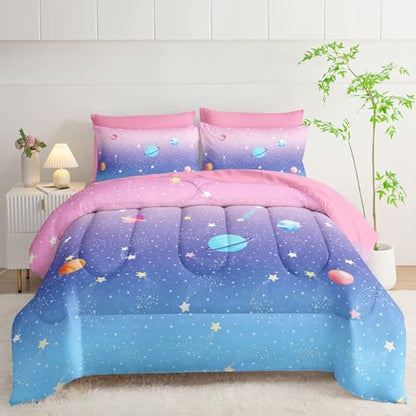 7Pcs Comforter Set Space Planet Multi Color Gradient Printed Bedding Set with 1 Comforter,1 Flat Sheet,1 Fitted Sheet and 4 Pillowcases for Boys and Girls Bedroom All Season(Twin)