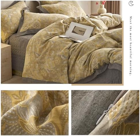 VM VOUGEMARKET Jacquard Floral Duvet Cover Set King,Yarn-Dyed Cotton Yellow Gold Flower Duvet Cover Bordered,Vintage Garden Style Bedding Set King