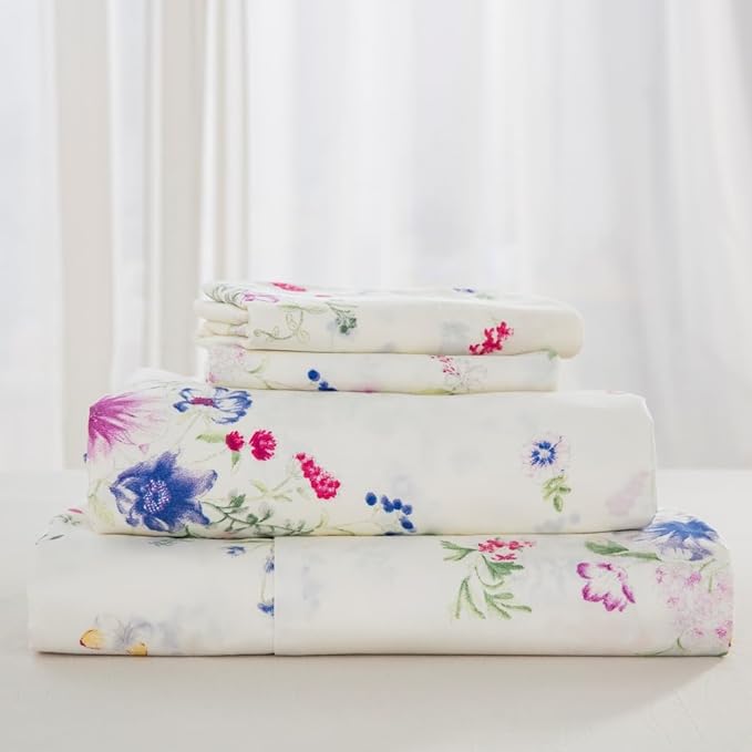 DAUAOTO 100% Cotton Bedding Printed Sheets Set for Full Size Bed Up to 14" Deep Mattress, Farmhouse Pattern Bedlinen Sets, Bloom Floral