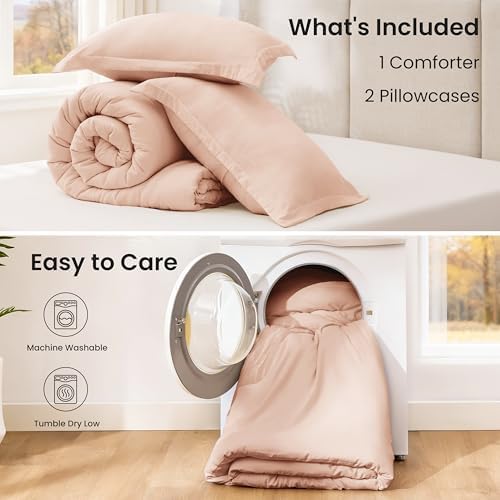 Love's cabin Pink Queen Comforter Set, 3-Piece Prewashed Bed Set