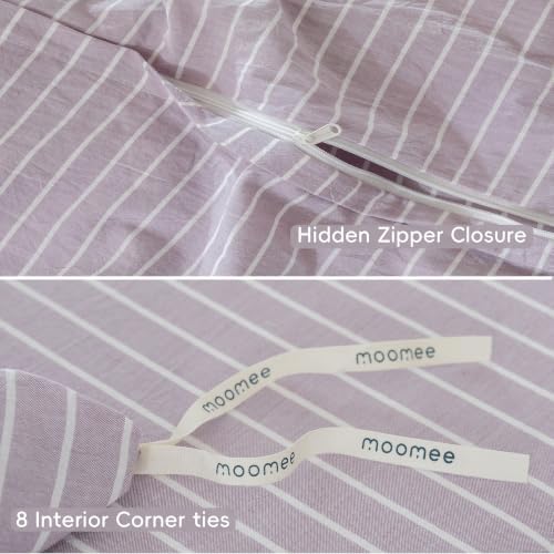 MooMee Striped Duvet Cover Set 100% Washed Cotton Linen Like Queen
