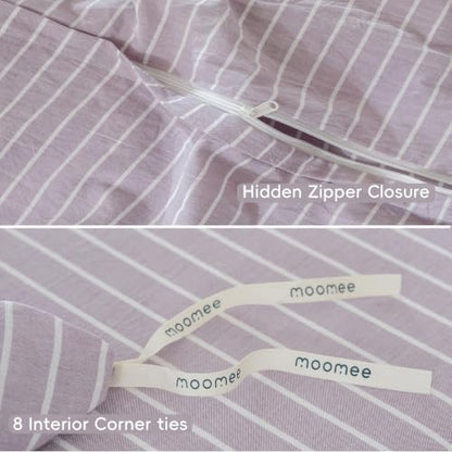 MooMee Striped Duvet Cover Set 100% Washed Cotton Linen Like Queen