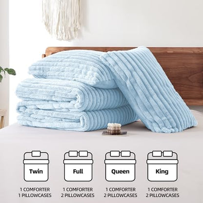 Smoofy Fluffy King Size Comforter 3 PCS - Light Blue Fleece Bedding Set