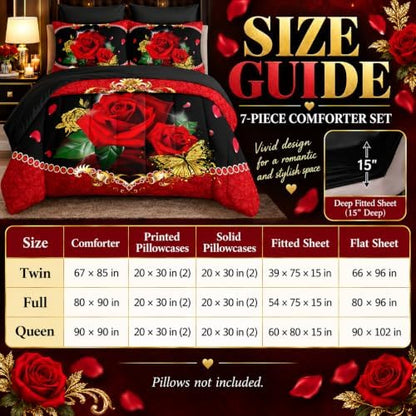 AILONEN 3D Oil Painting Red Rose Comforter Set Twin Size,7-Piece 3D Rose and Butterfly Pattern Bed in a Bag,Comforter & Fitted Sheet with Flat Sheet & 2 Pillowcases,2 Pillow Cases for Bedroom