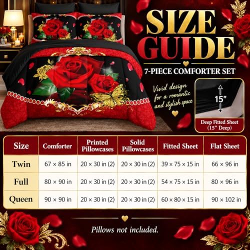 AILONEN 3D Oil Painting Red Rose Comforter Set Full Size,7-Piece 3D Rose and Butterfly Pattern Bed in a Bag,Comforter & Fitted Sheet with Flat Sheet & 2 Pillowcases,2 Pillow Cases for Bedroom