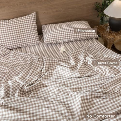 MooMee Gingham Duvet Cover Set 100% Washed Cotton Linen Like