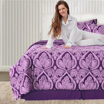 LUX Décor Reversible 4pc Twin Comforter Set, Printed Bedding Set, All-in-One Bed in a Bag, Includes 1 Comforter, 1 Pillow Sham, 1 Decor Pillow & 1 Bed Skirt (Paisley Purple,Twin)