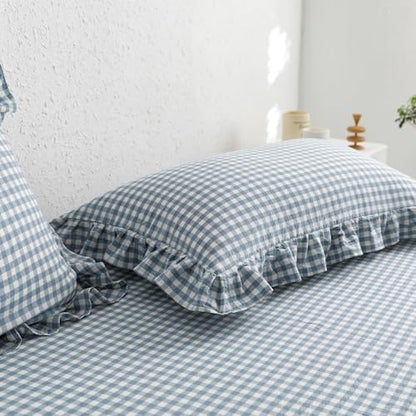 mixinni Blue White Gingham Ruffle Duvet Cover Queen Size 3 Pieces – 100% Washed Cotton, Vintage Plaid Ruffled Bedding Set with Zipper Ties, Soft Checkered Grid Farmhouse Chic Comforter Cover Set
