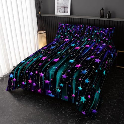 Nttopship Colorful Stars Comforter Set King Size,Galaxy Starry Printed Bedding Set for Men Women Adults,Colorful Stars Room Decor with Soft and Lightweight Comforter and 2 Pillowcases