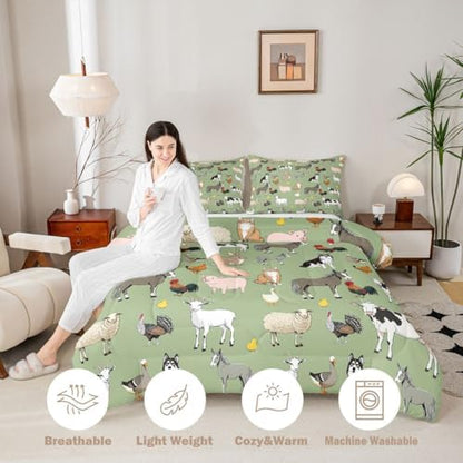 Feelyou Green Farm Animal Comforter Set Toddler Size Cute Animal Bedding Set for Kids Boys Girls Farm Theme Duvet Quilt Cartoon Bedroom Decor 2 Pcs with 1 Pillow Cases